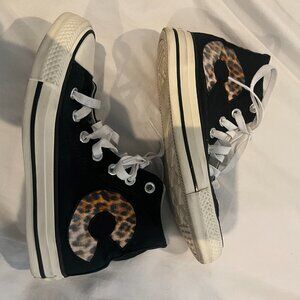 Black Converse High Tops with Cheetah Print Size 5